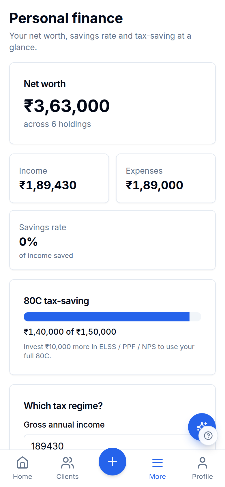 Personal finance report with net worth, savings rate and 80C progress